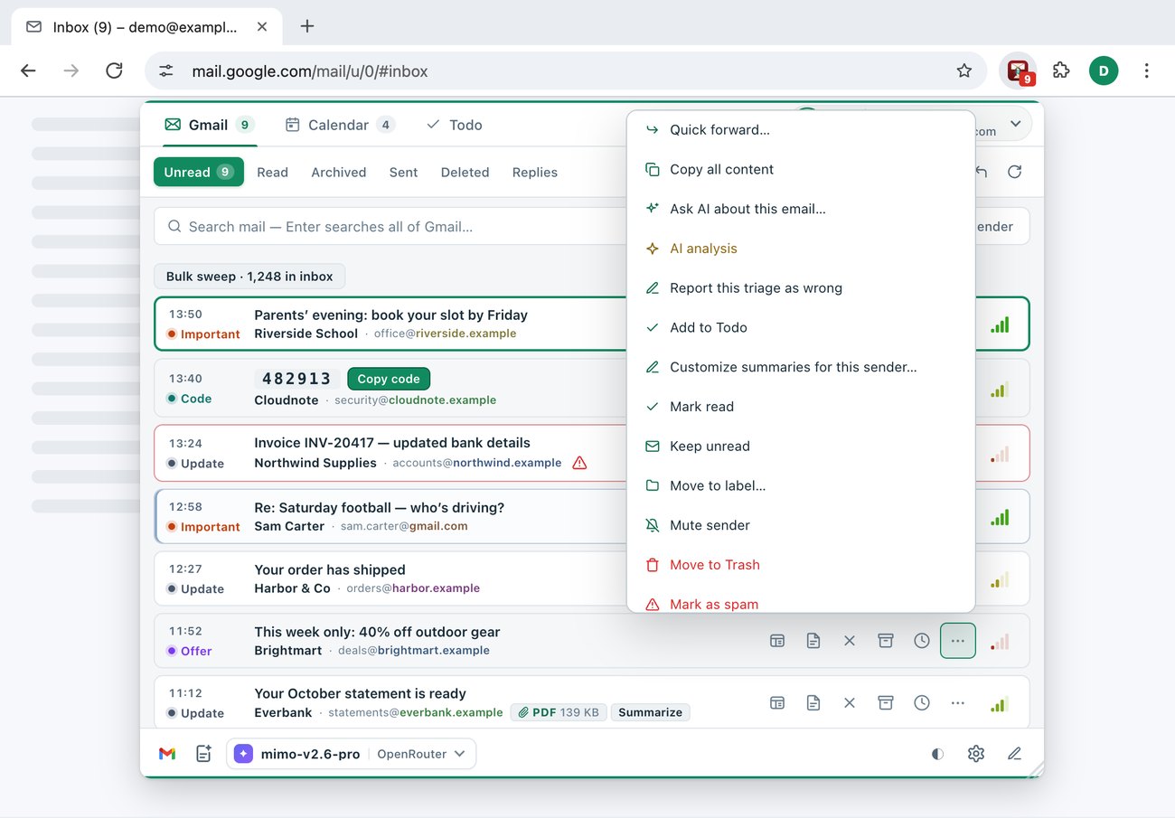 The TriageBox popup, open under its browser toolbar icon, with a card's more menu open on a Brightmart offer: Mark read, Keep unread, Move to label, Mute sender, Move to Trash and Mark as spam, among the other actions.