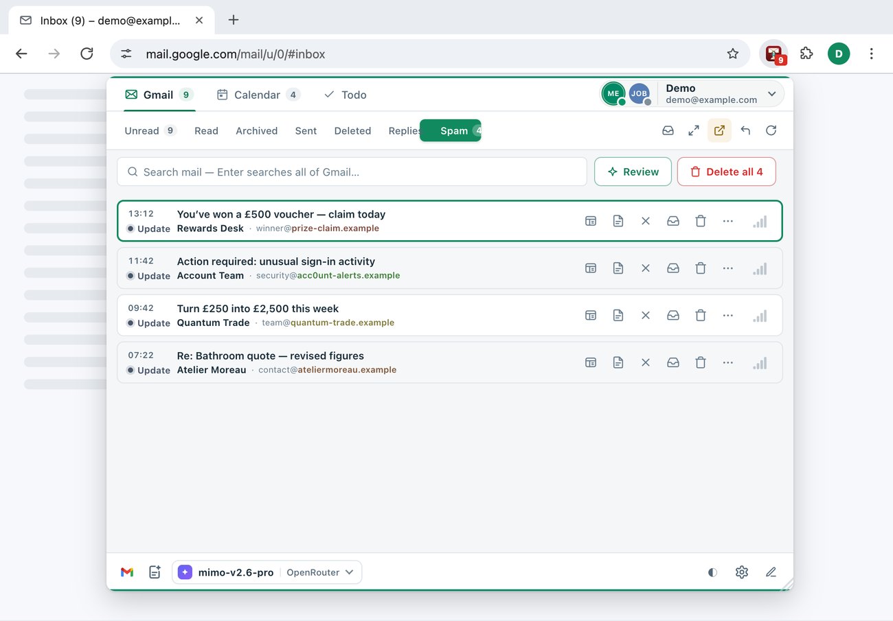 The TriageBox popup, open under its browser toolbar icon, on its Spam tab on a fictional mailbox: four filtered emails — a prize claim, a look-alike sign-in alert, an investment scheme and a legitimate bathroom quote — with Review and Delete all 4 above them.