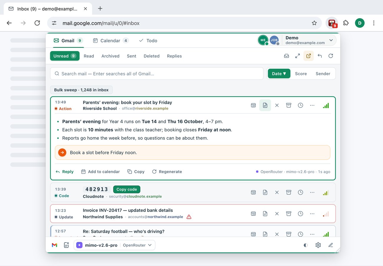 The TriageBox popup, open under its browser toolbar icon, with a summary on a school email about parents' evening, with the dates in bold, the next step, and Reply, Add to calendar, Copy and Regenerate under it.