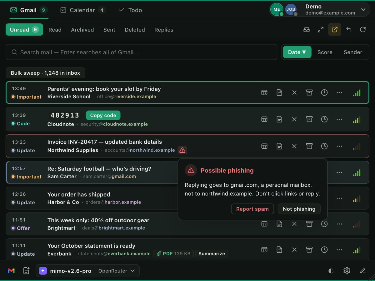 The popup in its dark theme: an invoice email about updated bank details, opened into Possible phishing: replying goes to gmail.com, a personal mailbox, not to northwind.example. Buttons: Report spam, Not phishing.