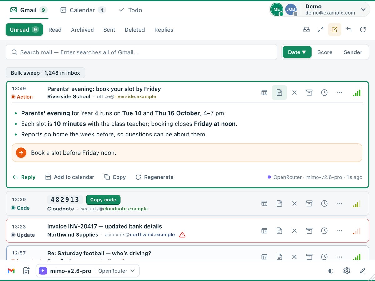 A TriageBox summary on a school email: three bullet points with the facts in bold, an orange next-step callout reading Book a slot before Friday noon, and Reply, Add to calendar, Copy and Regenerate under it.